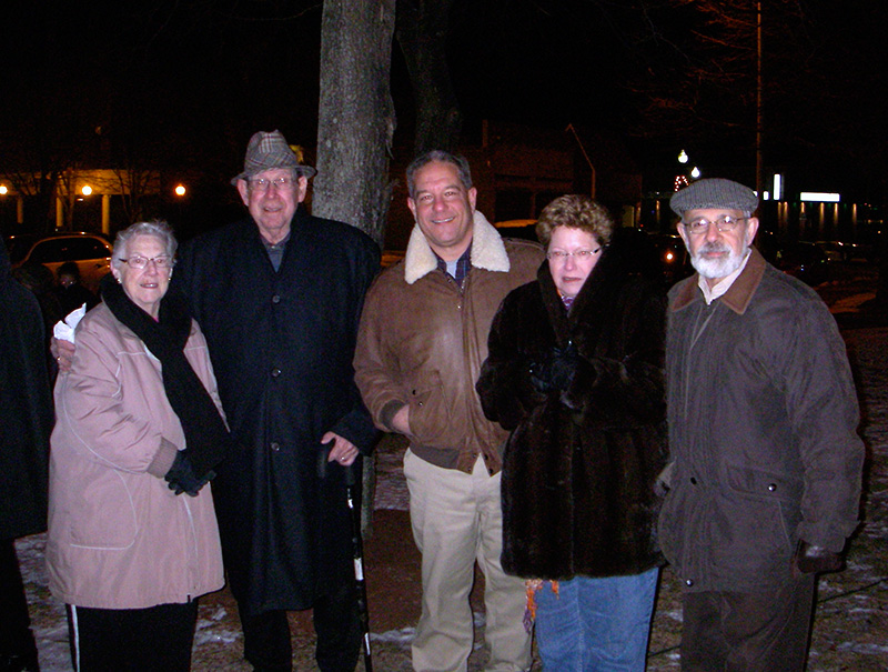 Libby & Udy Wolpert with Jeffrey Mushnick from Ael Chunon with Clare and Moe Yaffe of Beth Shalom enjoying the Chanukah candle lighting ceremony held 12/12/09 at the Milford Town Common.